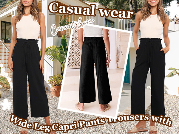 Casual Loose High Waist Drawstring Wide Leg Capri Pants