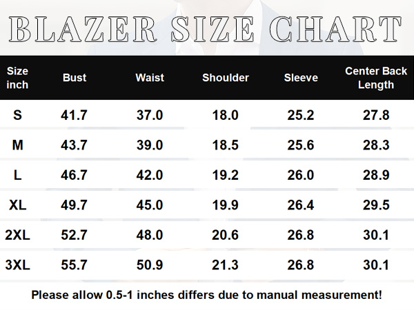 COOFANDY Mens Blazer Size Chart