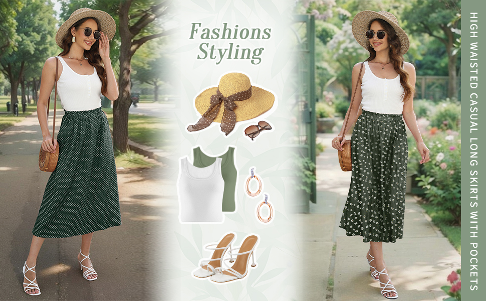 green pleated skirt for women womens skirts midi length with pockets Pleated A Line Midi Skirt