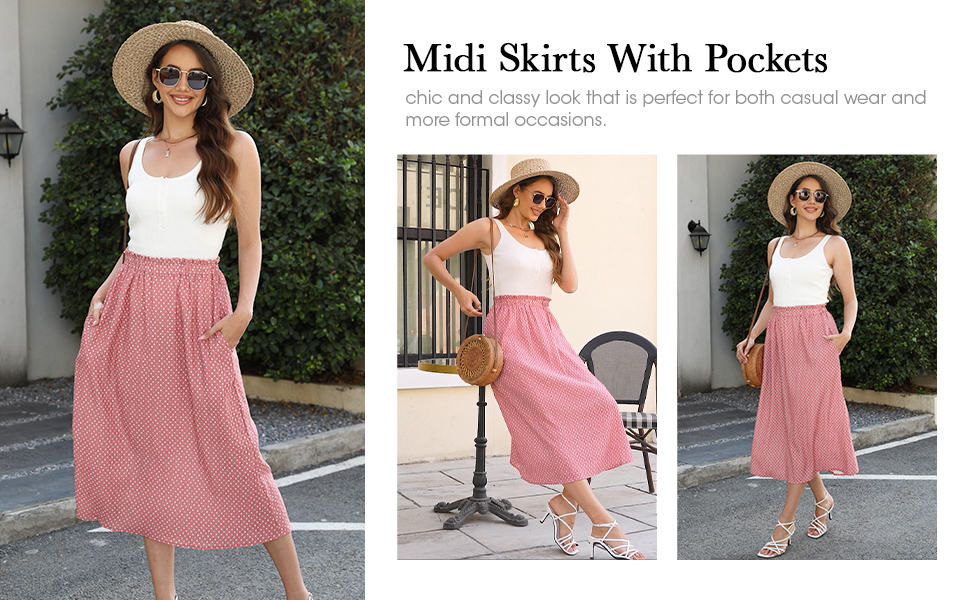 pink polka dot skirt women plus size long pleated skirt midi skirts with pockets pink pleated skirt