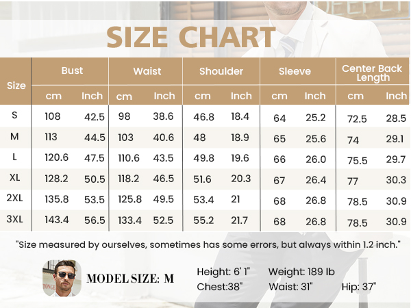 COOFANDY Blazer Size Chart. Choose your best size.