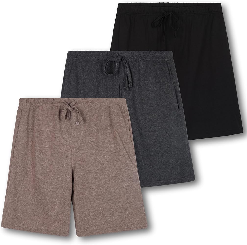 Real Essentials 3 Pack:Mens Cotton Ultra-Soft Knit Sleep Pajama Shorts & Lounge Wear (Available In Big & Tall)