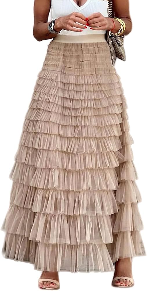 Flygo Women's Long Maxi Tiered Tulle Skirts High Waisted A-Line Layered Mesh Tutu Skirt Petticoat