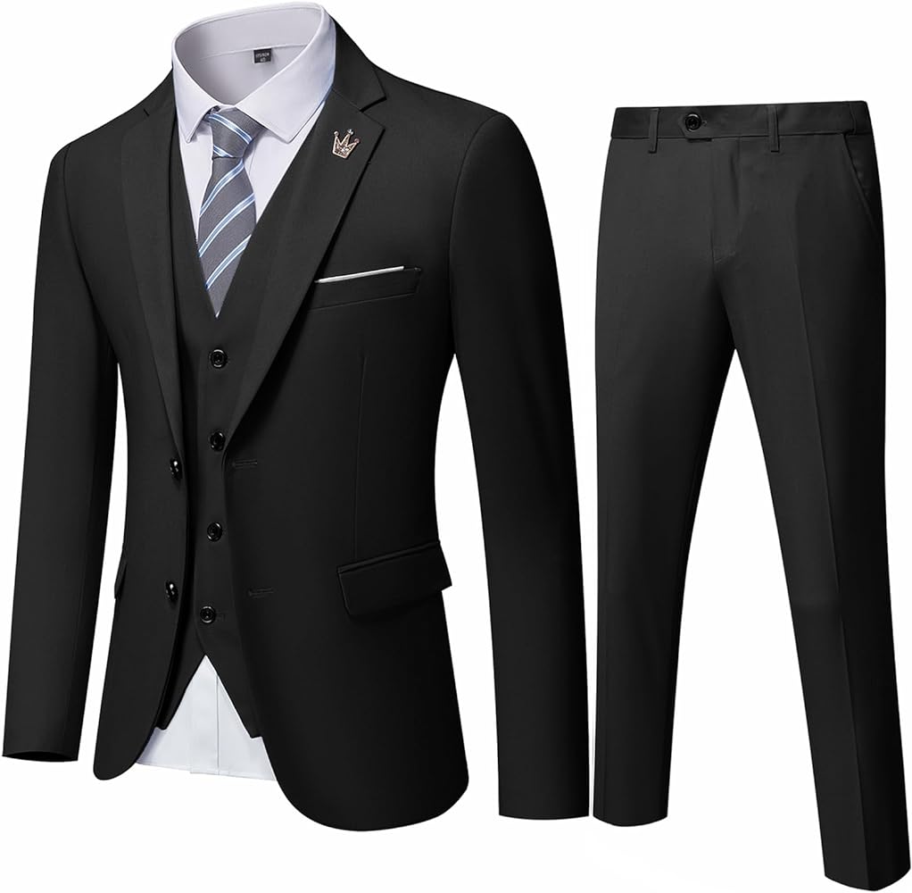 MY'S Men's 3 Piece Slim Fit Suit Set, 2 Button Blazer Jacket Vest Pants with Tie, Solid Wedding Dress Tux and Trousers