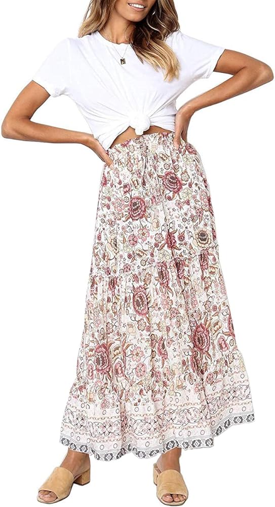 MEROKEETY Women's Boho Floral Print Elastic High Waist Pleated A Line Maxi Skirt