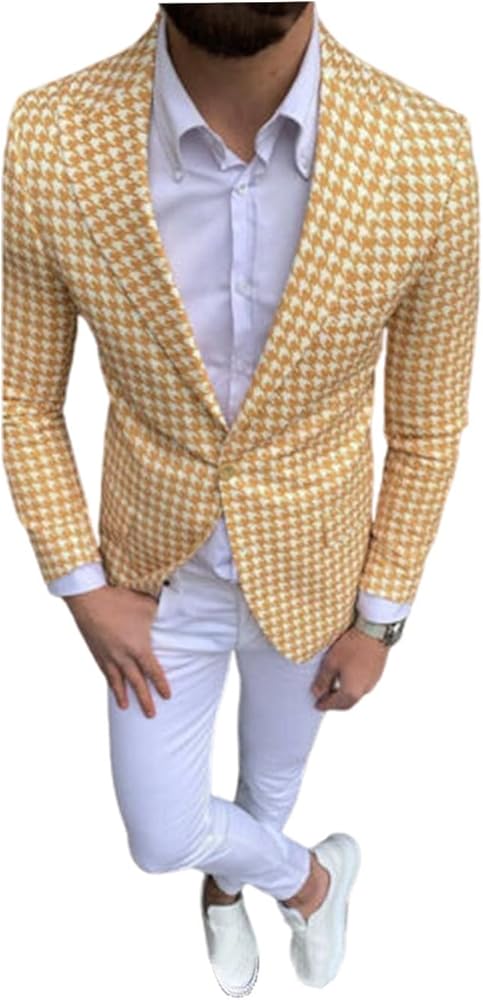 Men's Houndstooth Blazer Two-Button Suit Jacket Peak Lapel Prom Groom Party Coat