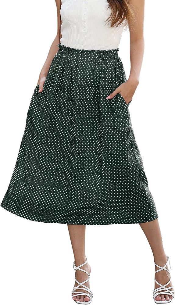 Beimuc Women's Midi Skirts 2024 Casual High Waist Polka Dot Pleated Skirt Boho A-Line Flowy Skirt with Pockets