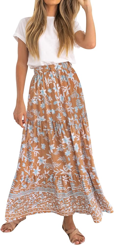 ZESICA Women's 2024 Summer Bohemian Floral Printed Elastic Waist A Line Maxi Skirt with Pockets