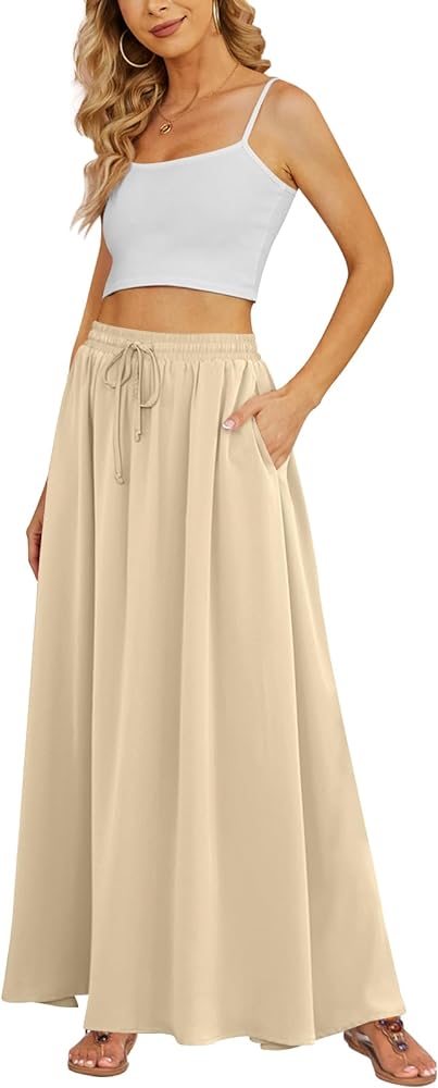 Yincro Women's Flowy Maxi Skirt Summer Pleated High Waisted Casual Long Skirts with Pockets