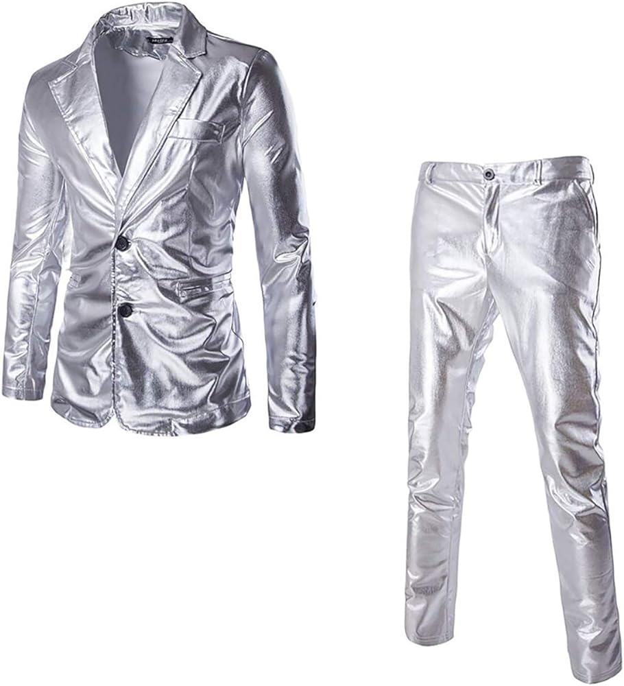 VSVO Men's Metallic 2-Piece Suit Slim Fit Blazer Jacket Pants Party Prom Set