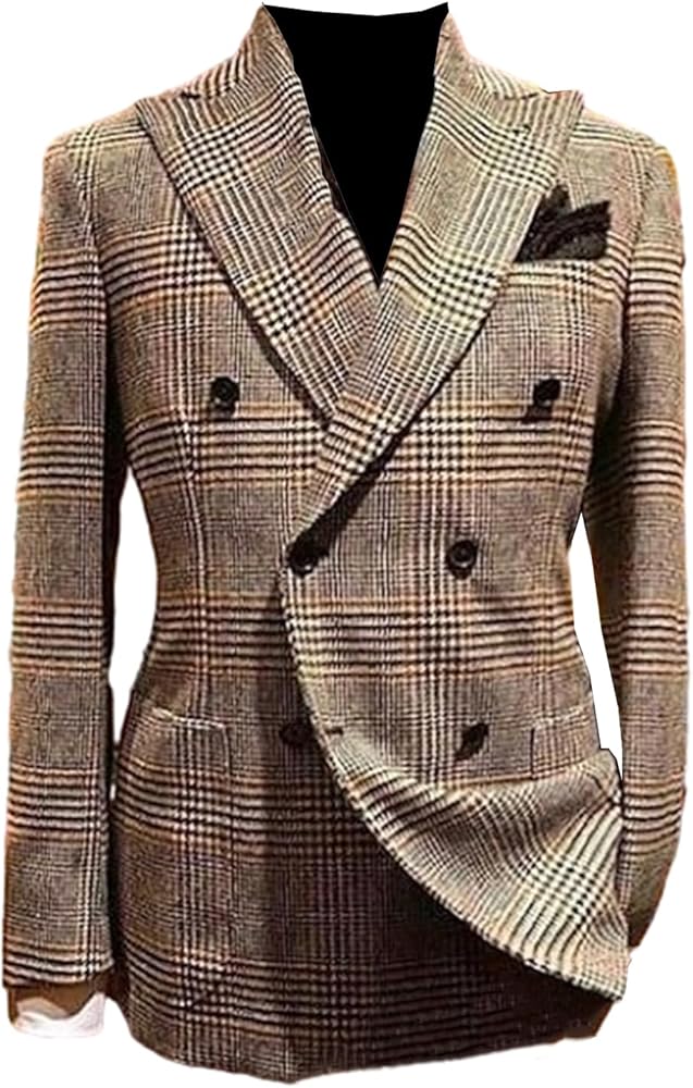 Men's Houndstooth Suit Jacket Double Breasted Blazer Formal Wedding Christmas Tuxedos Coat