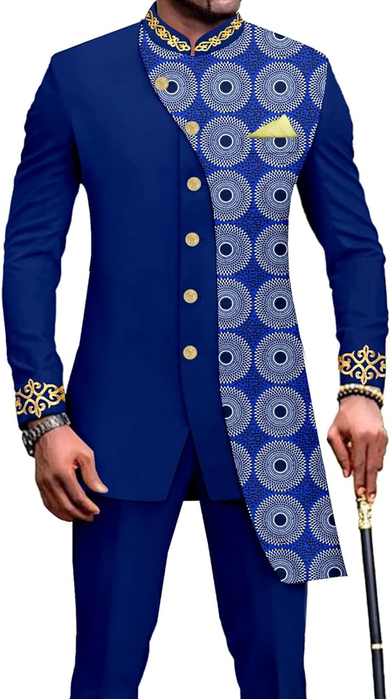 African Suits for Men Slim Fit Embroidery Single Breated Print Blazer and Pants Set Business Suit