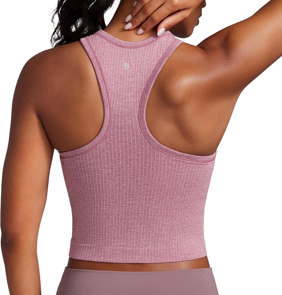 CRZ YOGA Womens Seamless Ribbed Longline High Neck Sports Bra - Racerback Padded Slim Fit Crop Tank Top with Built in Bra