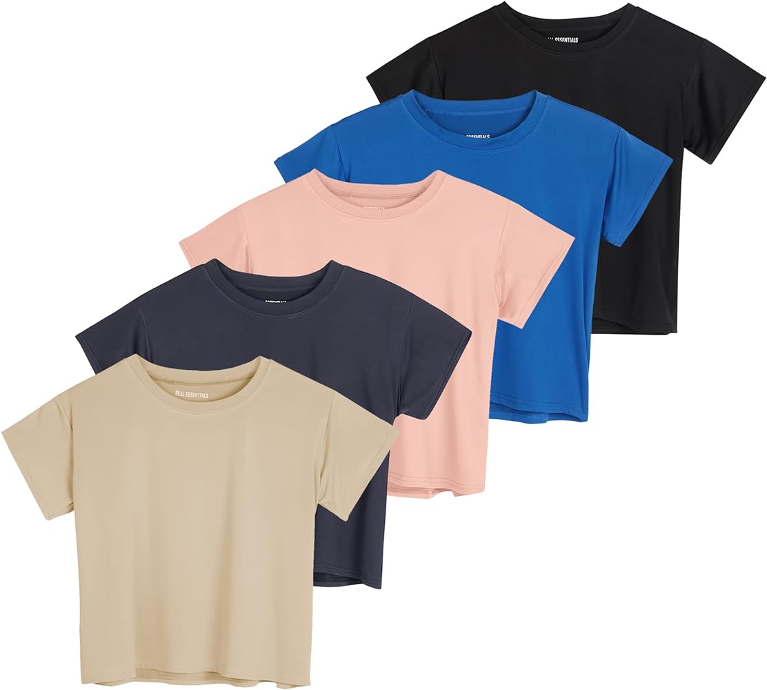 Real Essentials 5 Pack: Women's Dry Fit Crop Top - Short Sleeve Crew Neck Stretch Athletic Tee (Available in Plus Size)