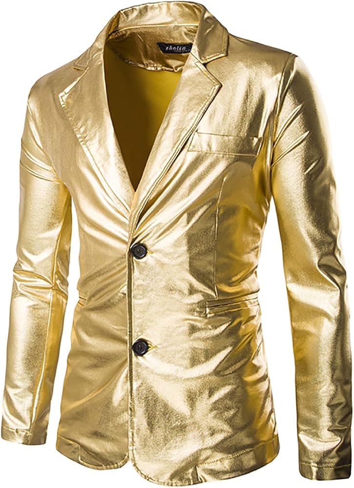 VSVO Men's Slim Fit Shiny Metallic Two Button Suit Jacket/Night Club Blazer