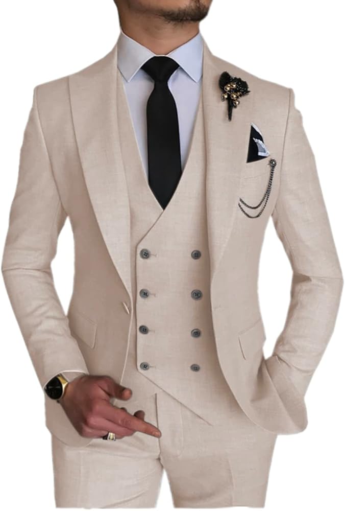 Mens Suit One Button Business Suits 3 Pieces Wedding Grooms Tuxedos(Blazer + Vest + Pants)