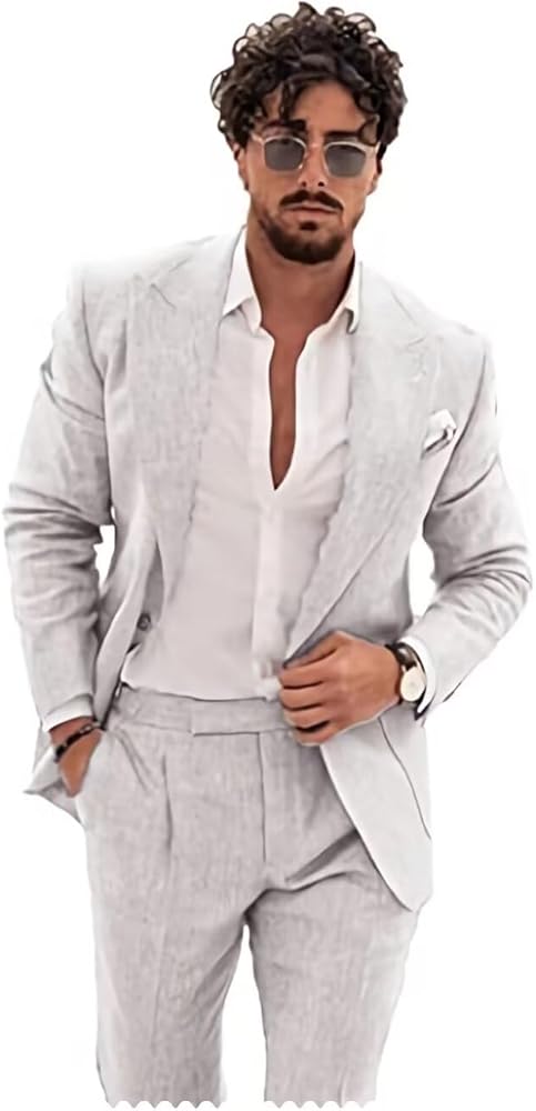 Wangyue Linen Suit for Men Casual Slim Fit Vintage Suits Groomsmen Suits Wedding Summer Beach Blazer Pants Set