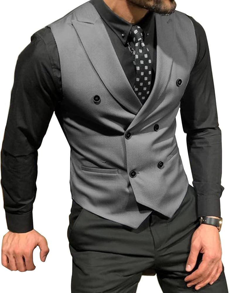 Groomsmen Double Breasted Lapel Dress Vest Men's Formal Casual Suit Tank Top for Tuxedo Blazer for Graduation XS-3XL