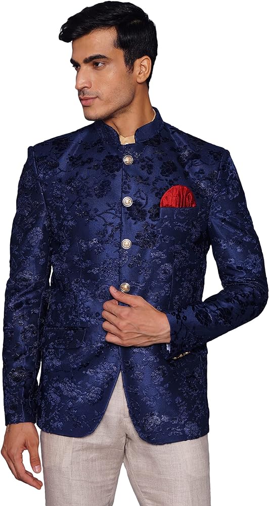 WINTAGE Men's Embroidered Velvet Party/Festive Indian Jodhpuri Grandad Bandhgala Blazer : Blue